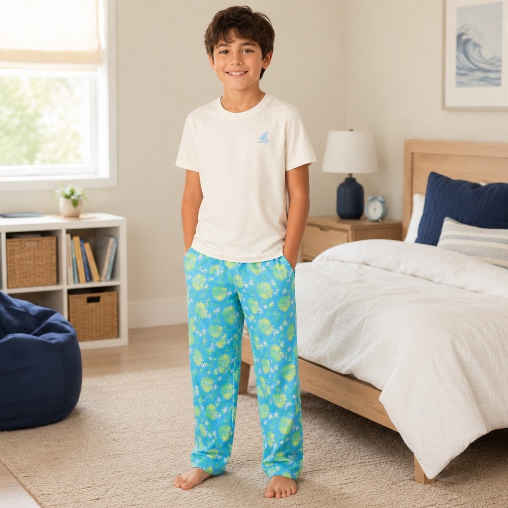 Cat & Jack Boys Tropical Palm Tree Pajama Set Cream Blue Size S 6/7 NEW